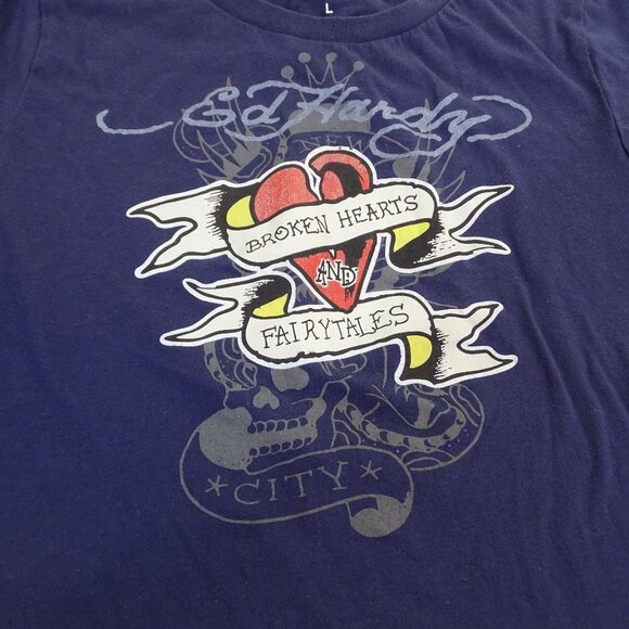 Ed Hardy Graphic Cropped T-shirt Blue Women Size L Y2K Indie Tattoo Art Grunge - Picture 3 of 11